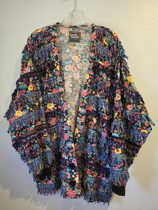 Paula Sweet Jackets & Blazers - Womens Paula Sweet "Muslin Mink" Art-to-Wear Jacket W/Floral Print & Fringe L